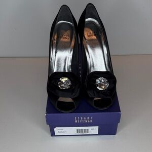 Stuart Weitzman Black Satin Peep Toe Heels with crystal accent